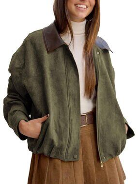 Women's Army Green Faux Suede Oversized Cropped Bomber Jacket Motorcycle Coat